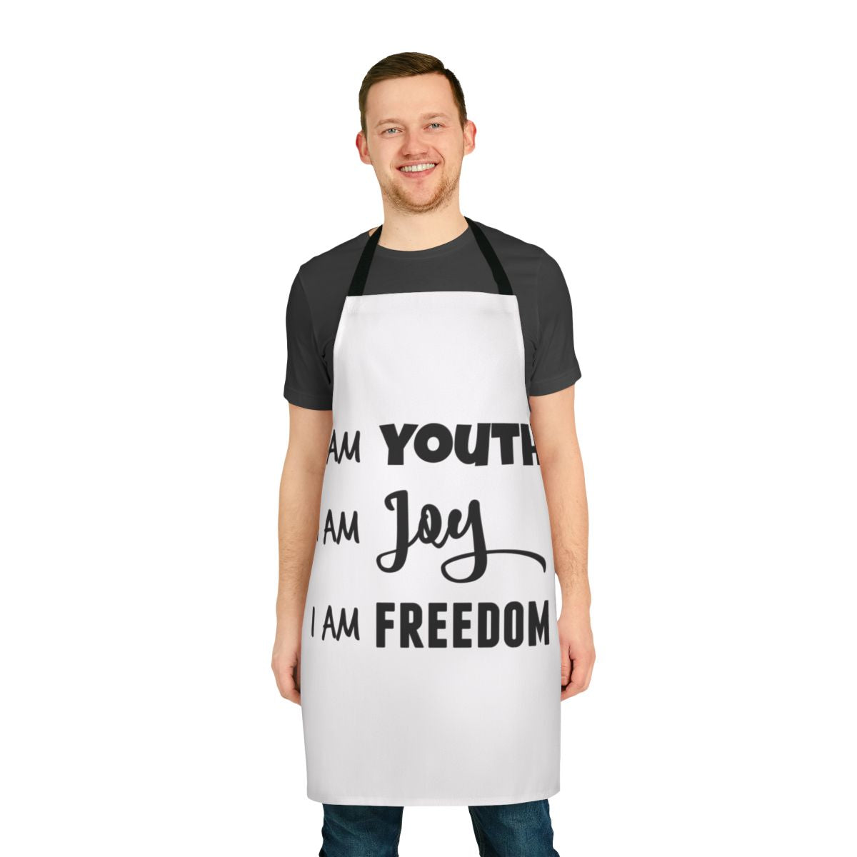 A vibrant apron featuring the iconic quote "I Am Youth, I Am Joy, I Am Freedom" from the beloved Disney film Peter Pan
