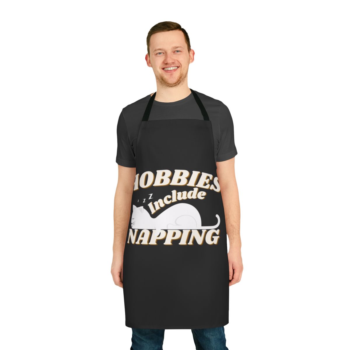 Apron with the text "Hobbies Include Napping" in a humorous and relatable design