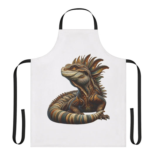 Embroidered apron featuring a detailed basilisk design, a legendary fantasy creature.