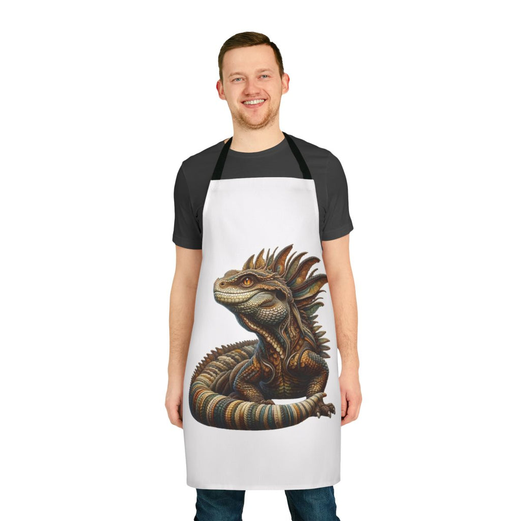 Embroidered apron featuring a detailed basilisk design, a legendary fantasy creature.