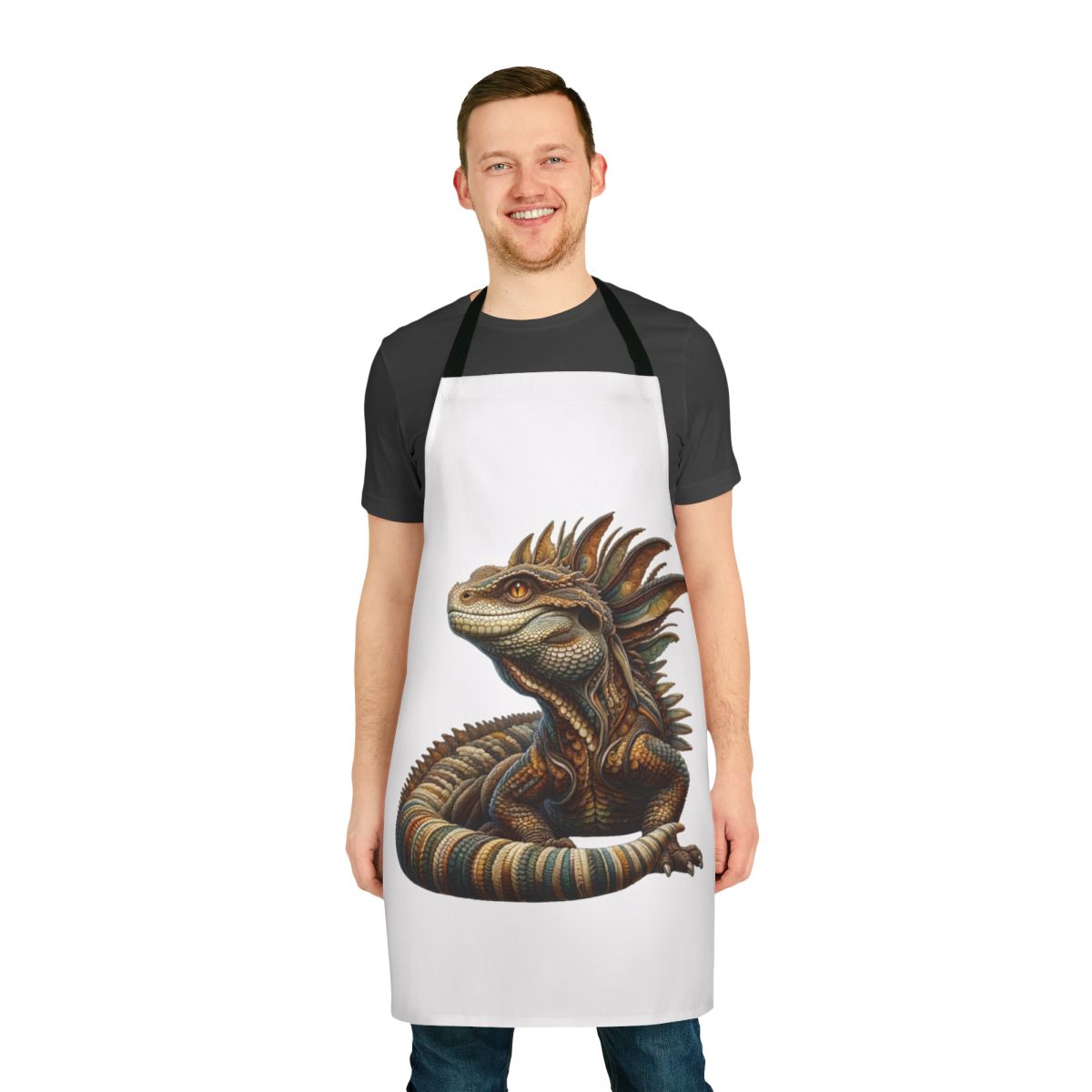 Embroidered apron featuring a detailed basilisk design, a legendary fantasy creature.