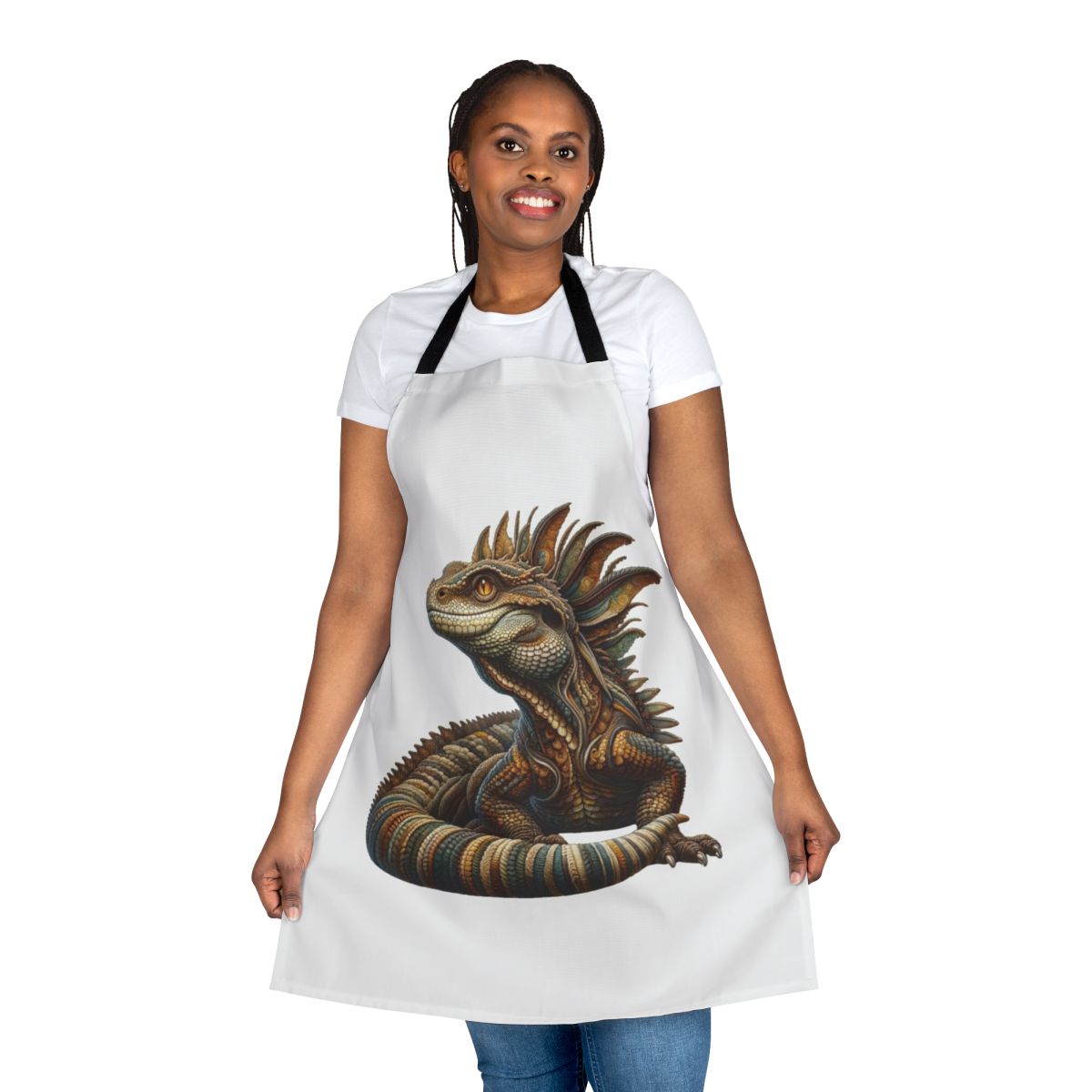 Embroidered apron featuring a detailed basilisk design, a legendary fantasy creature.