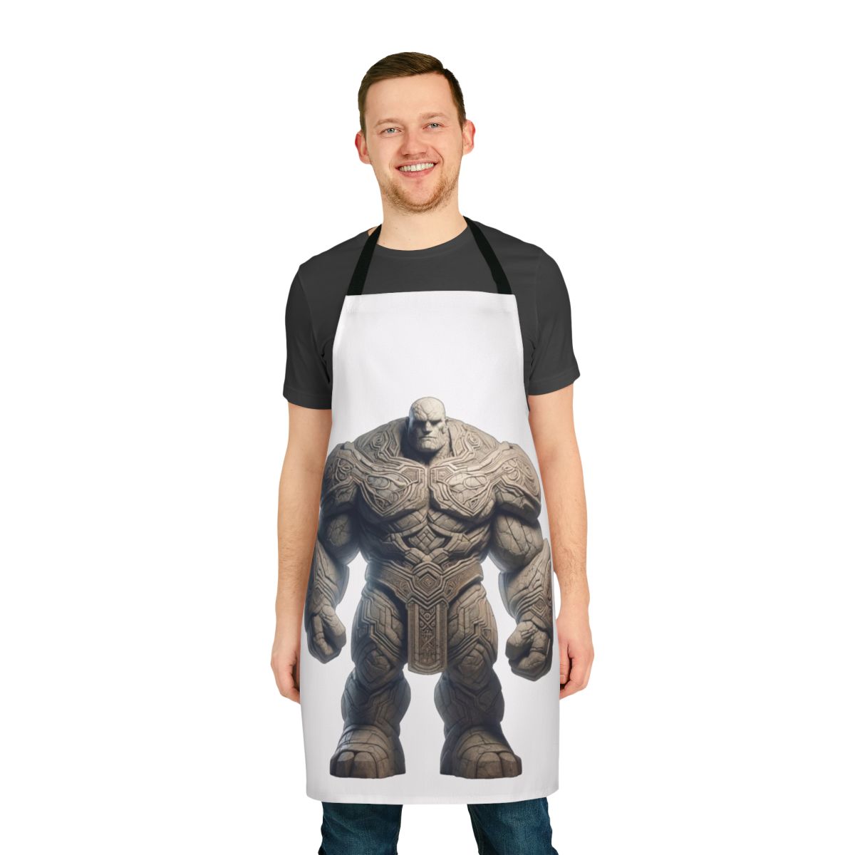 Detailed embroidered apron featuring a golem, a legendary mythical creature.