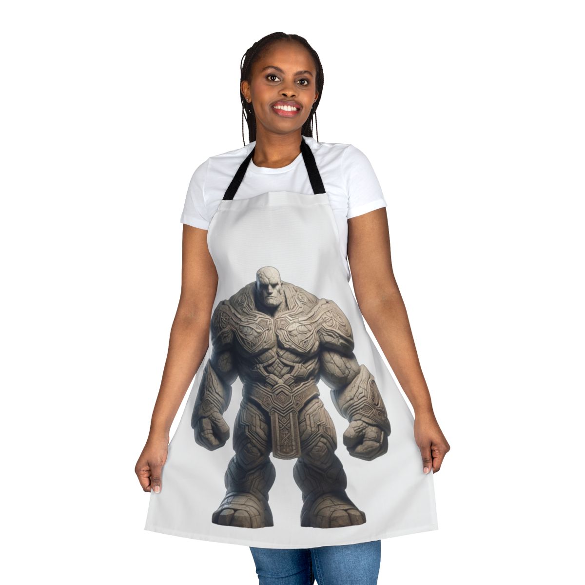 Detailed embroidered apron featuring a golem, a legendary mythical creature.