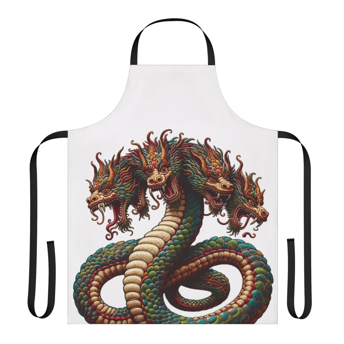 Detailed embroidered hydra design on a high-quality apron