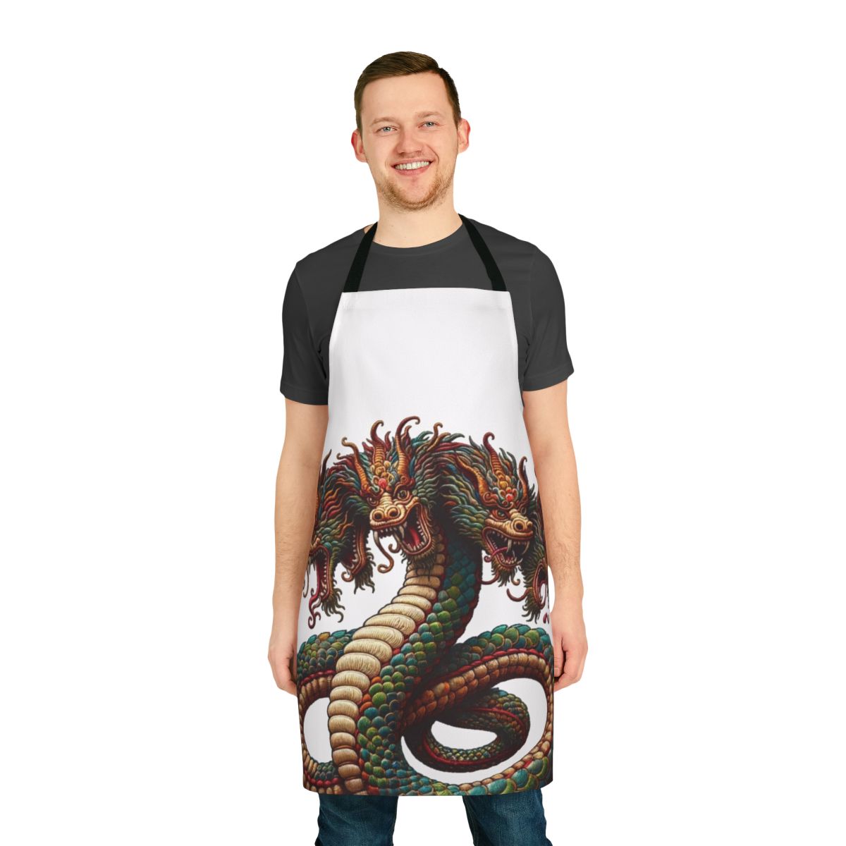 Detailed embroidered hydra design on a high-quality apron