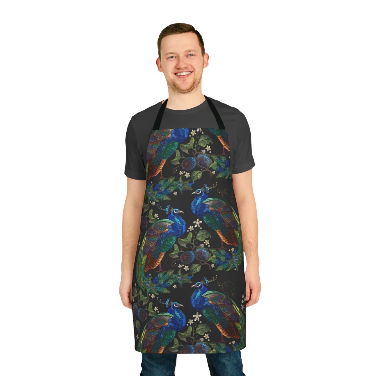 Embroidered peacock design on a high-quality apron