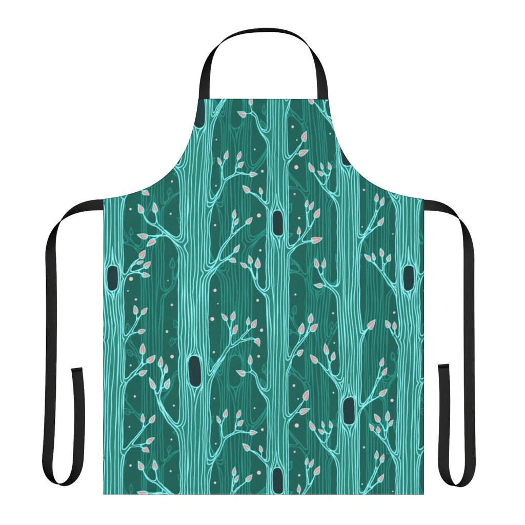 Emerald forest seamless pattern with silhouette trees and leaves on an apron