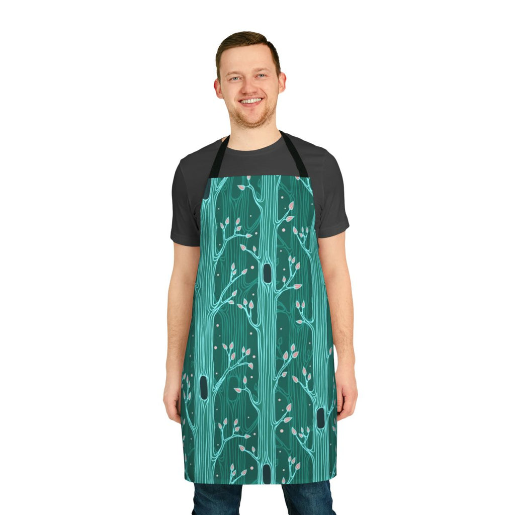 Emerald forest seamless pattern with silhouette trees and leaves on an apron