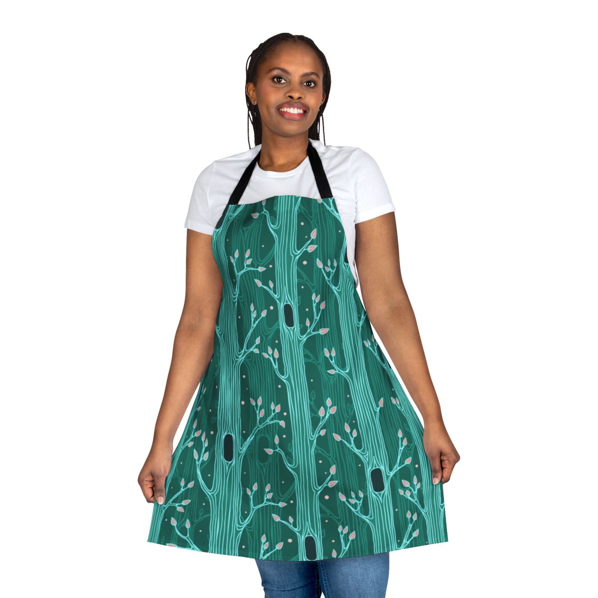 Emerald forest seamless pattern with silhouette trees and leaves on an apron