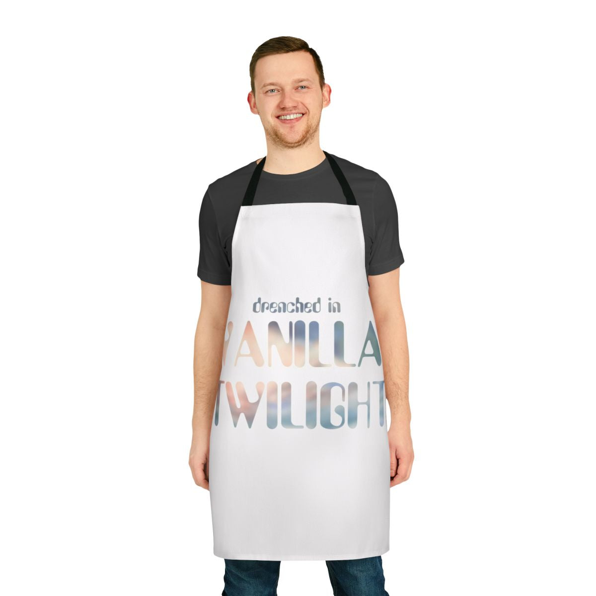 An apron featuring the lyrics and artwork inspired by the Owl City song "Vanilla Twilight"