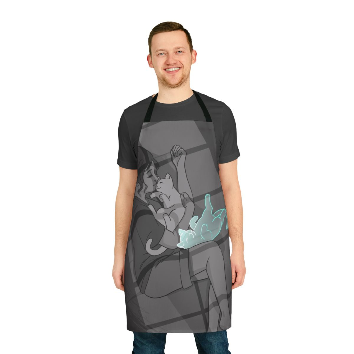 Emotional waiting apron featuring a dark reaper and a cat, inspired by the webcomic art of Jenny Jinya