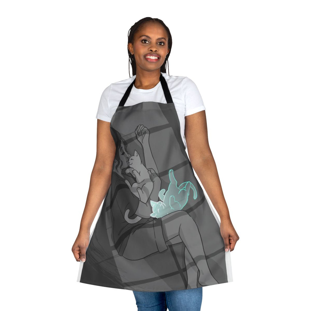 Emotional waiting apron featuring a dark reaper and a cat, inspired by the webcomic art of Jenny Jinya