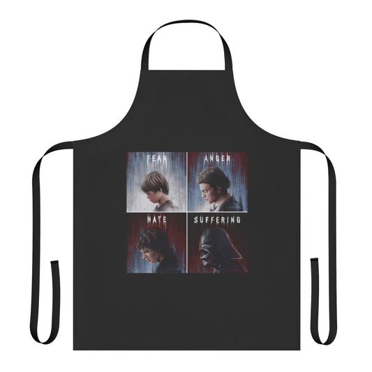 Emotive apron featuring text "Fear Anger Hate Suffering"