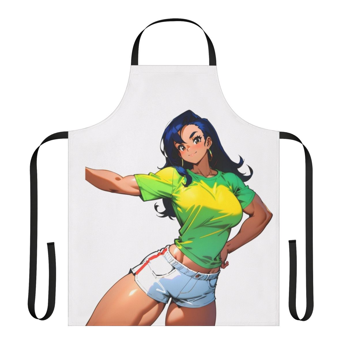 Illustration of a muscular, confident female anime character wearing an apron, promoting strength and fitness