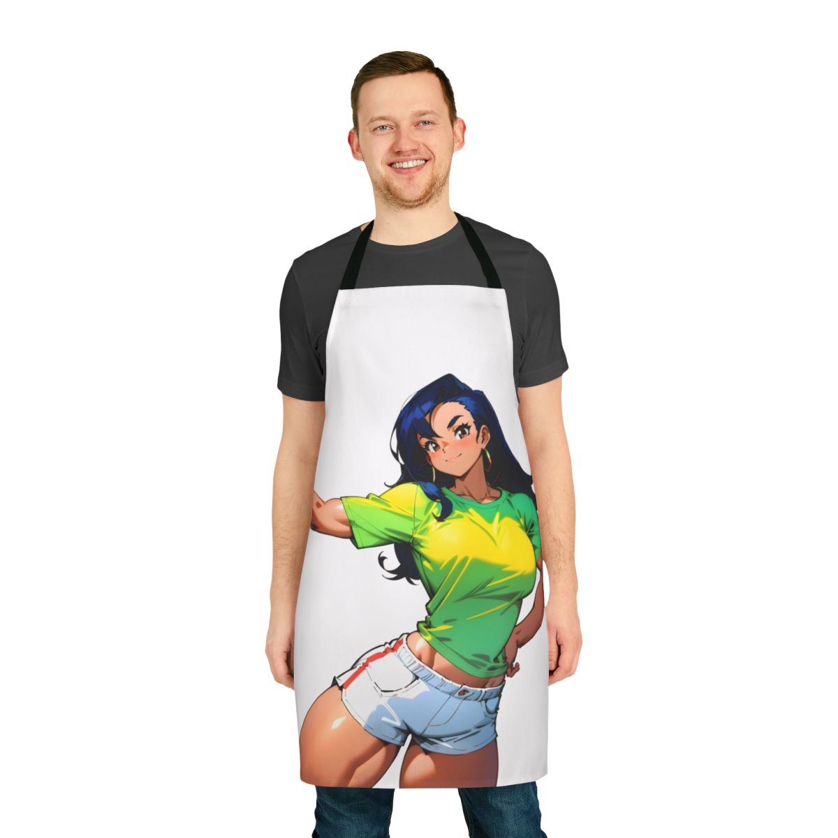 Illustration of a muscular, confident female anime character wearing an apron, promoting strength and fitness