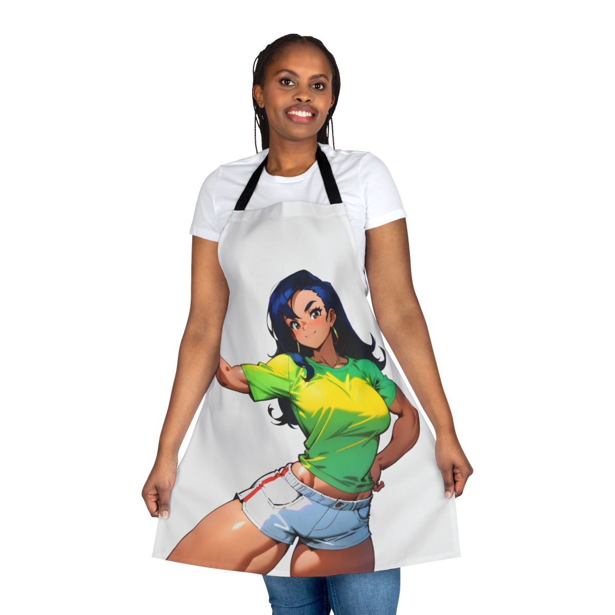 Illustration of a muscular, confident female anime character wearing an apron, promoting strength and fitness