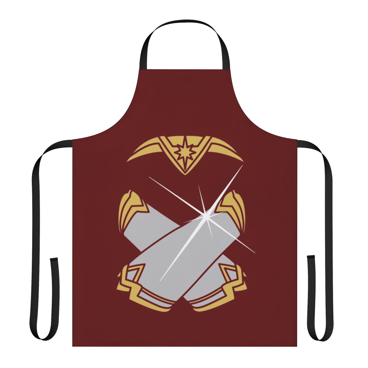 A stylish apron featuring powerful bracelets or gauntlets, perfect for the empowered, superhero woman in the kitchen.