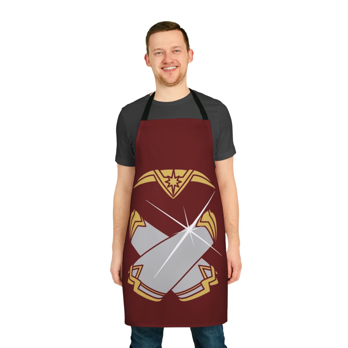 A stylish apron featuring powerful bracelets or gauntlets, perfect for the empowered, superhero woman in the kitchen.