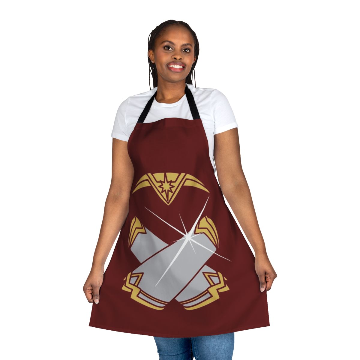 A stylish apron featuring powerful bracelets or gauntlets, perfect for the empowered, superhero woman in the kitchen.