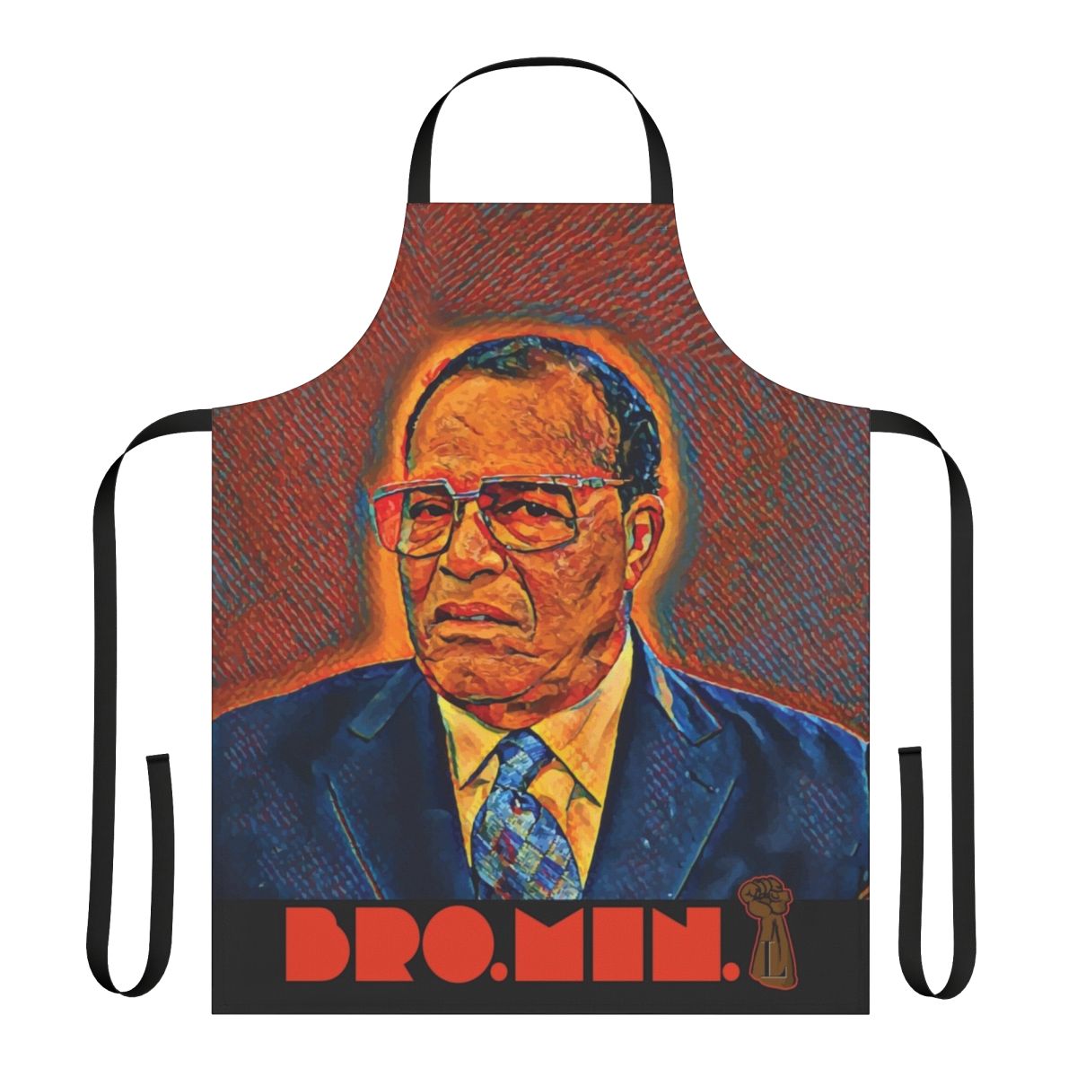 An apron featuring the image and quote of civil rights leader Louis Farrakhan.