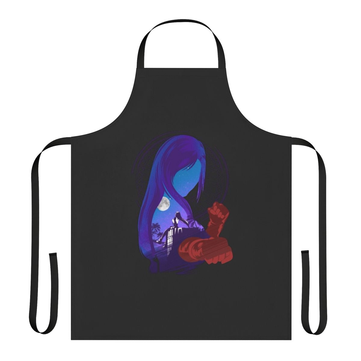 Final Fantasy-inspired apron featuring the iconic childhood friends Tifa, Cloud, and Aerith