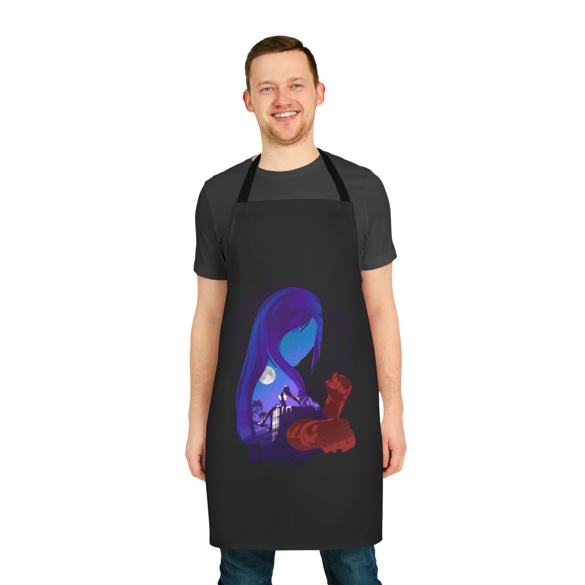 Final Fantasy-inspired apron featuring the iconic childhood friends Tifa, Cloud, and Aerith