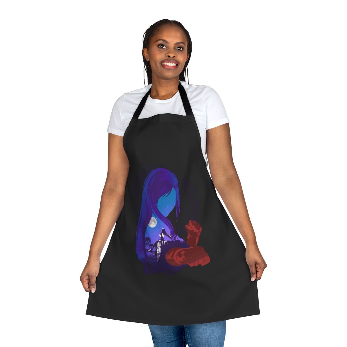 Final Fantasy-inspired apron featuring the iconic childhood friends Tifa, Cloud, and Aerith