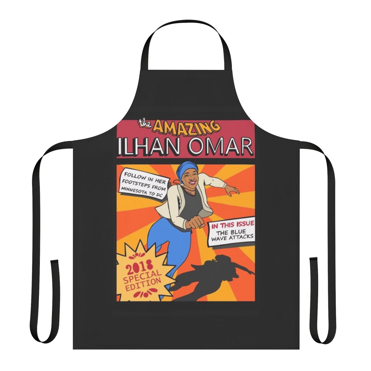 Ilhan Omar inspired apron featuring a cartoon-style illustration of the Congresswoman