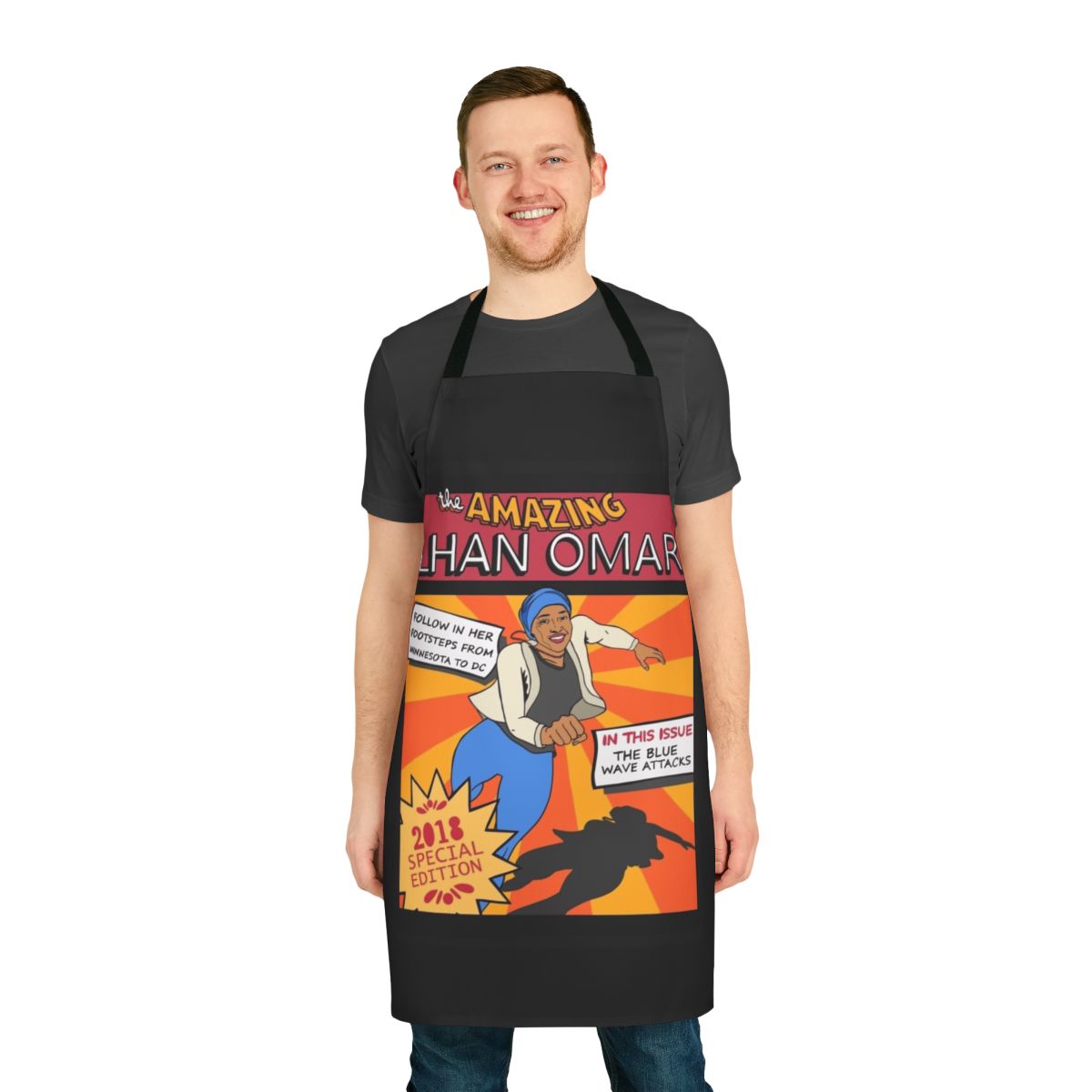 Ilhan Omar inspired apron featuring a cartoon-style illustration of the Congresswoman