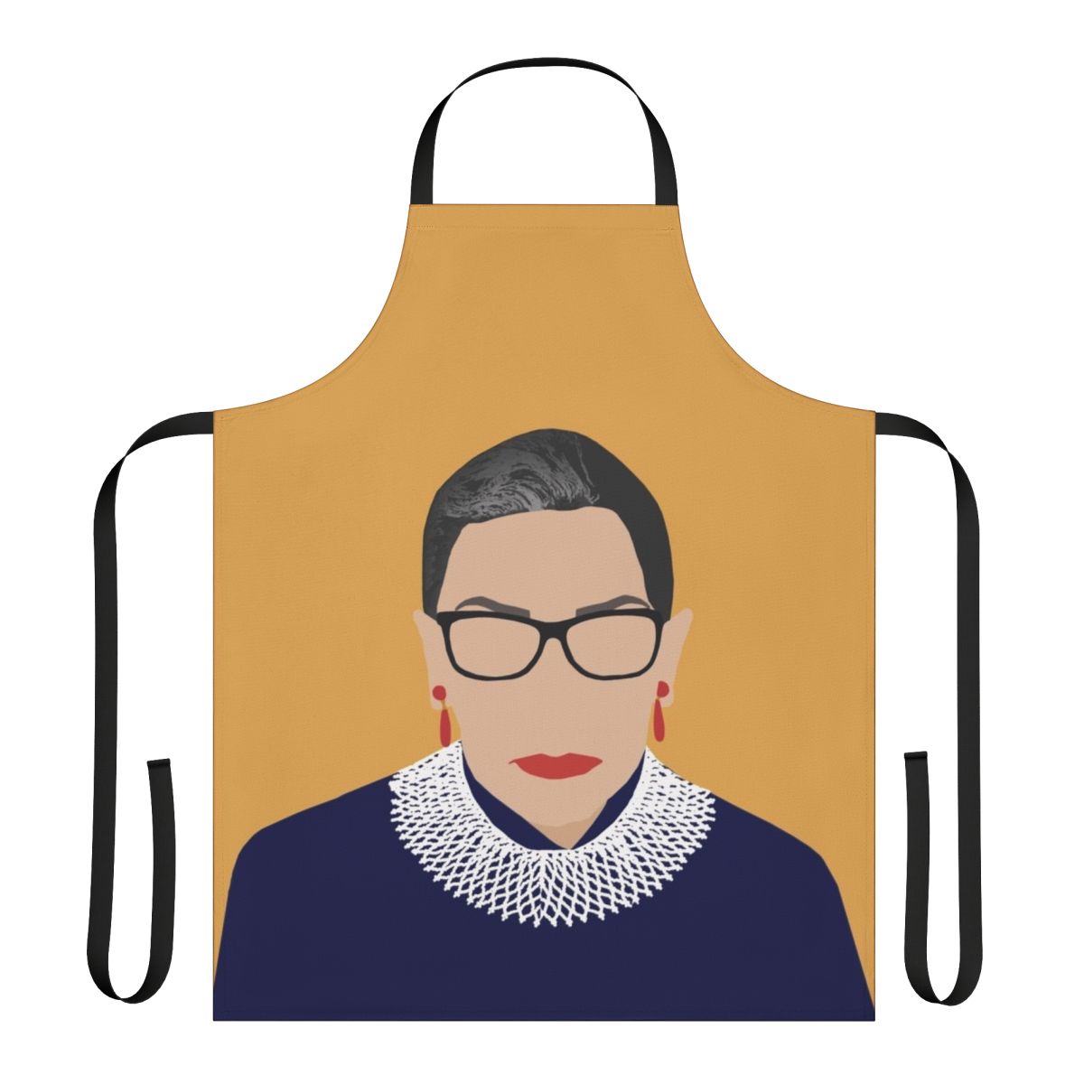 A yellow apron featuring the words "Notorious RBG" and an illustration of Ruth Bader Ginsburg