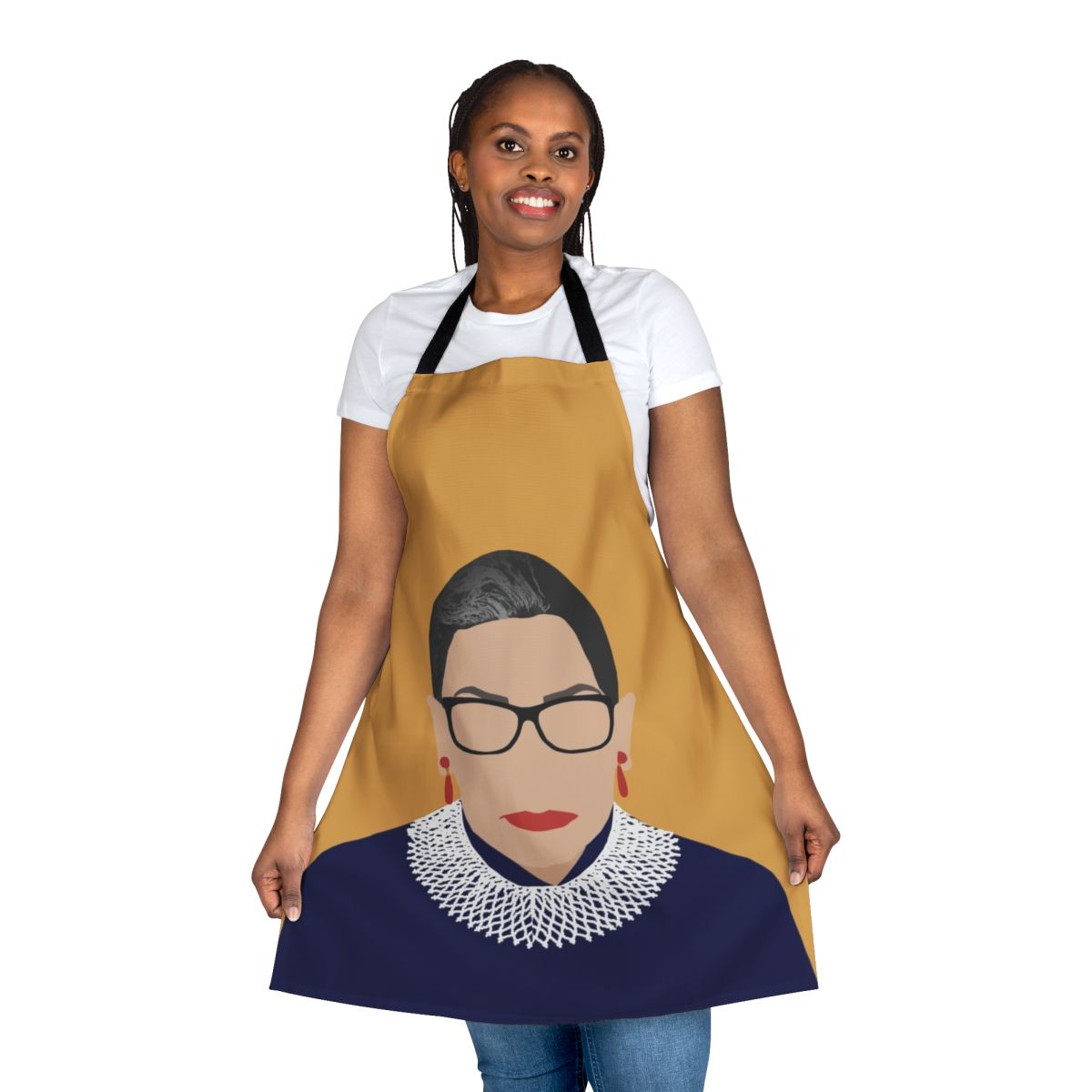 A yellow apron featuring the words "Notorious RBG" and an illustration of Ruth Bader Ginsburg