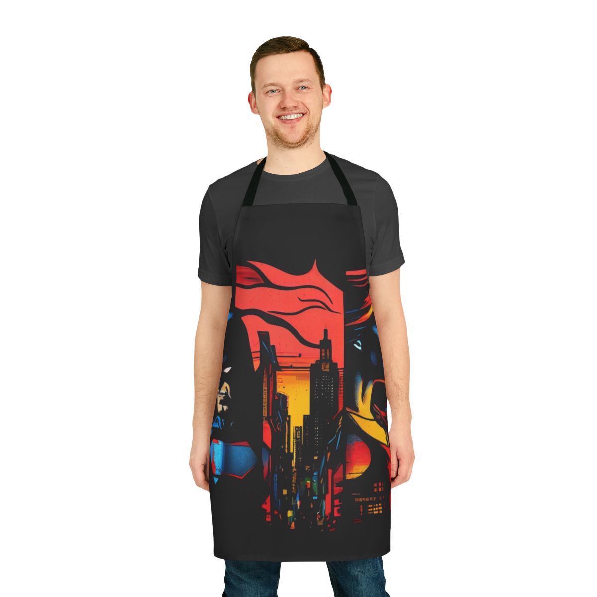 Stylish apron featuring a bold superhero design, perfect for embracing your inner hero in the kitchen.