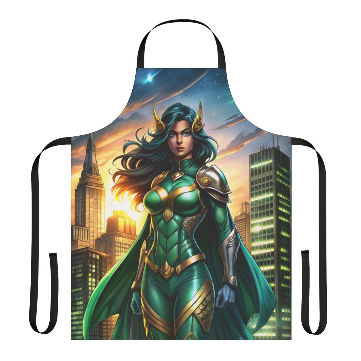 Superhero-inspired apron featuring an urban skyline and a female figure in emerald armor, symbolizing strength and courage.
