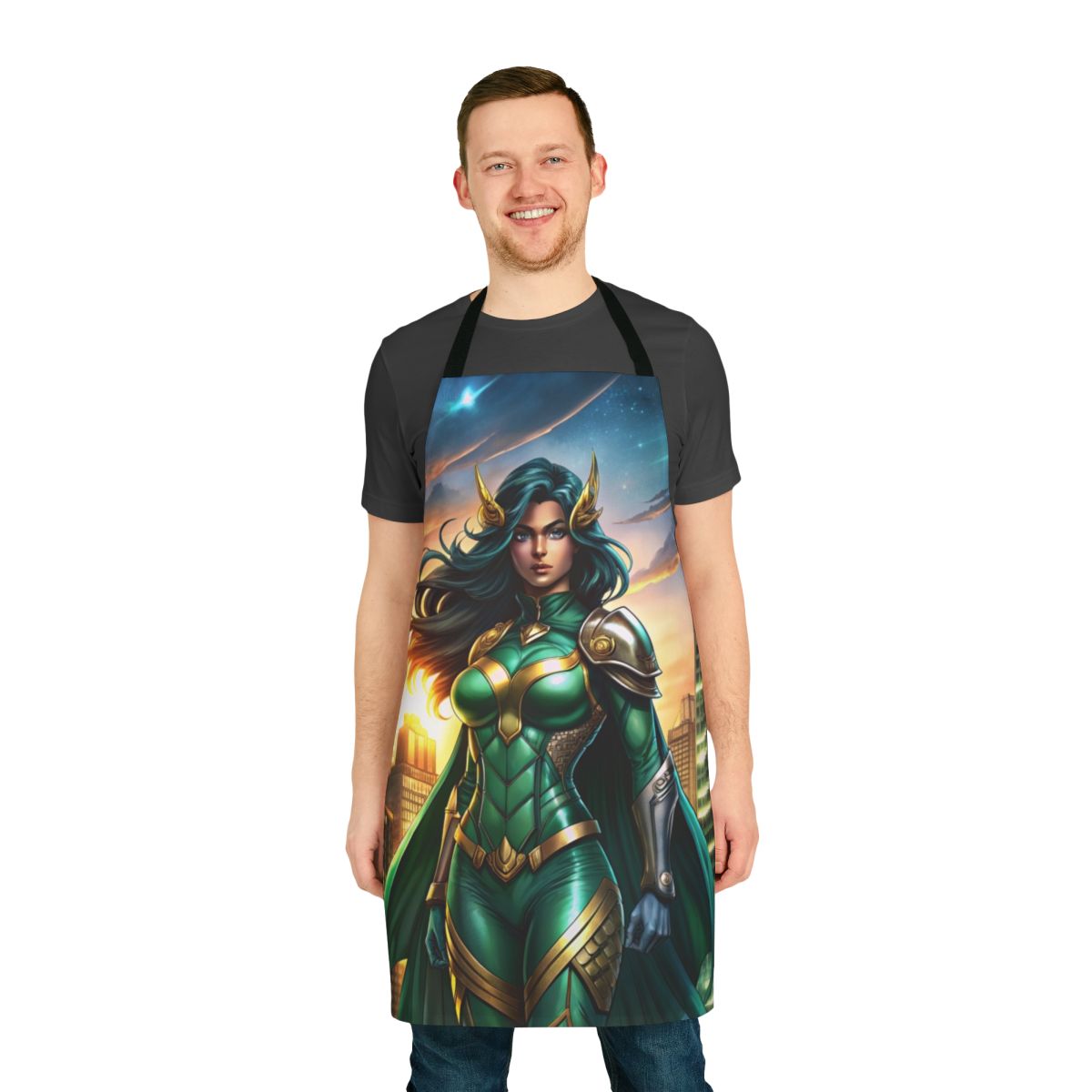 Superhero-inspired apron featuring an urban skyline and a female figure in emerald armor, symbolizing strength and courage.
