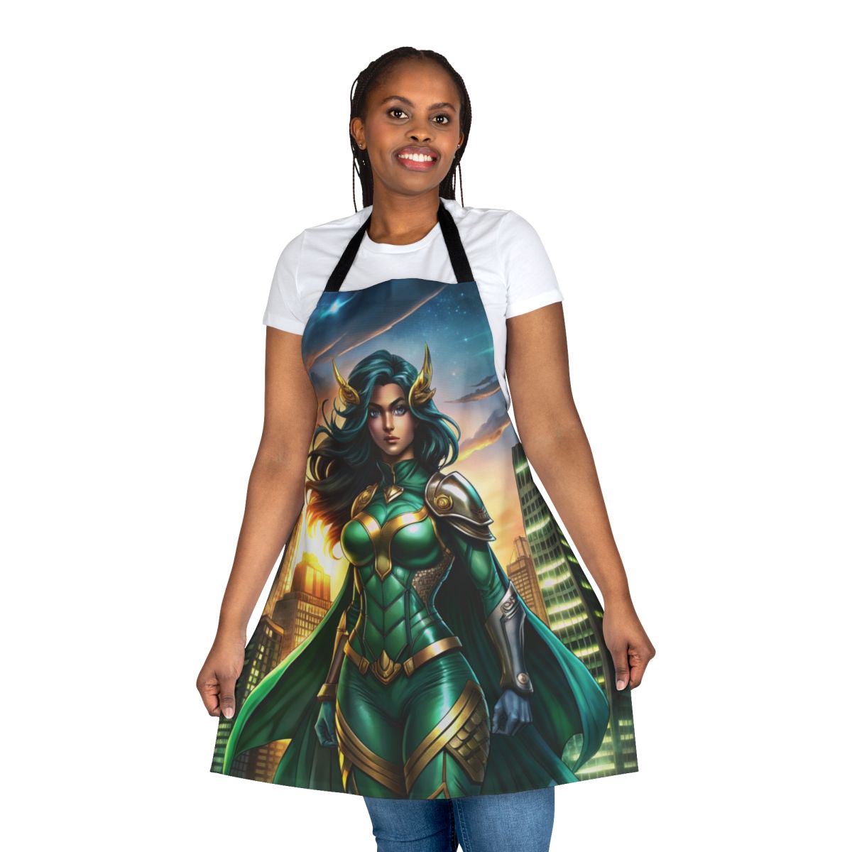 Superhero-inspired apron featuring an urban skyline and a female figure in emerald armor, symbolizing strength and courage.