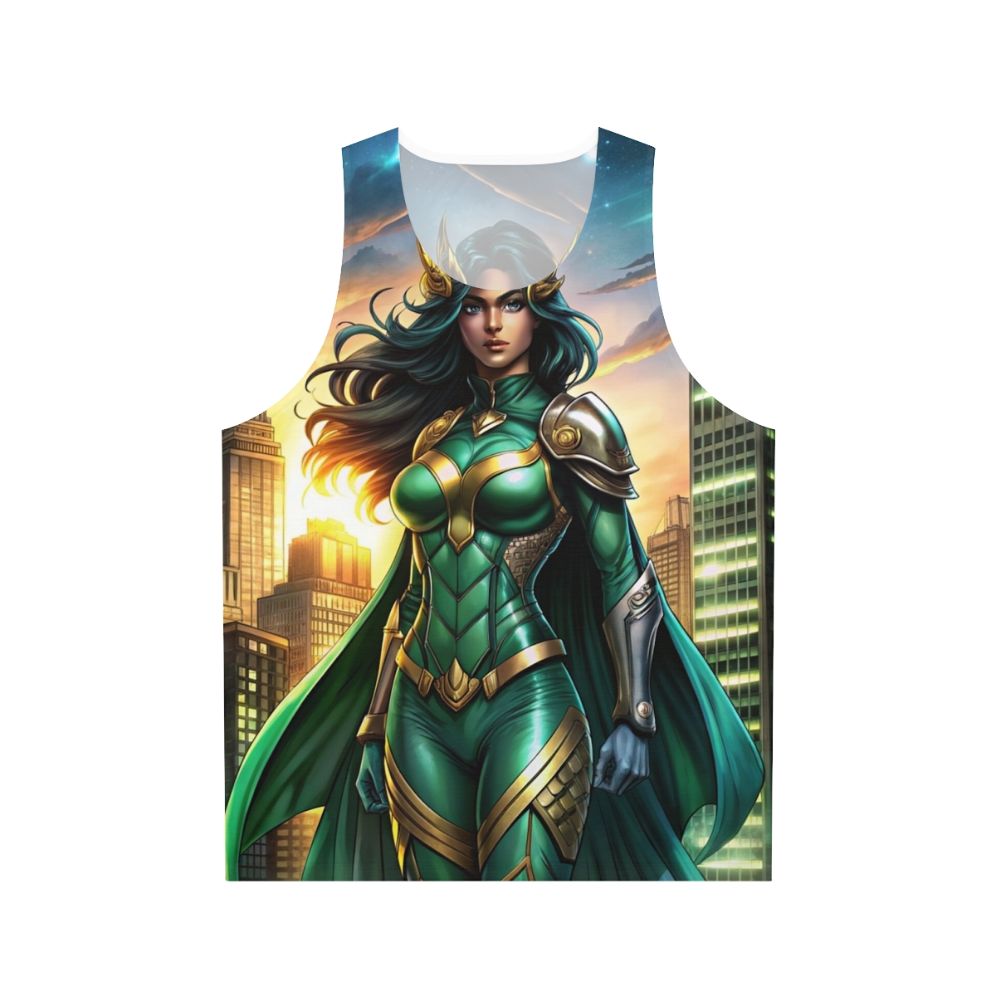 Empowering superhero woman tank top with urban skyline graphic