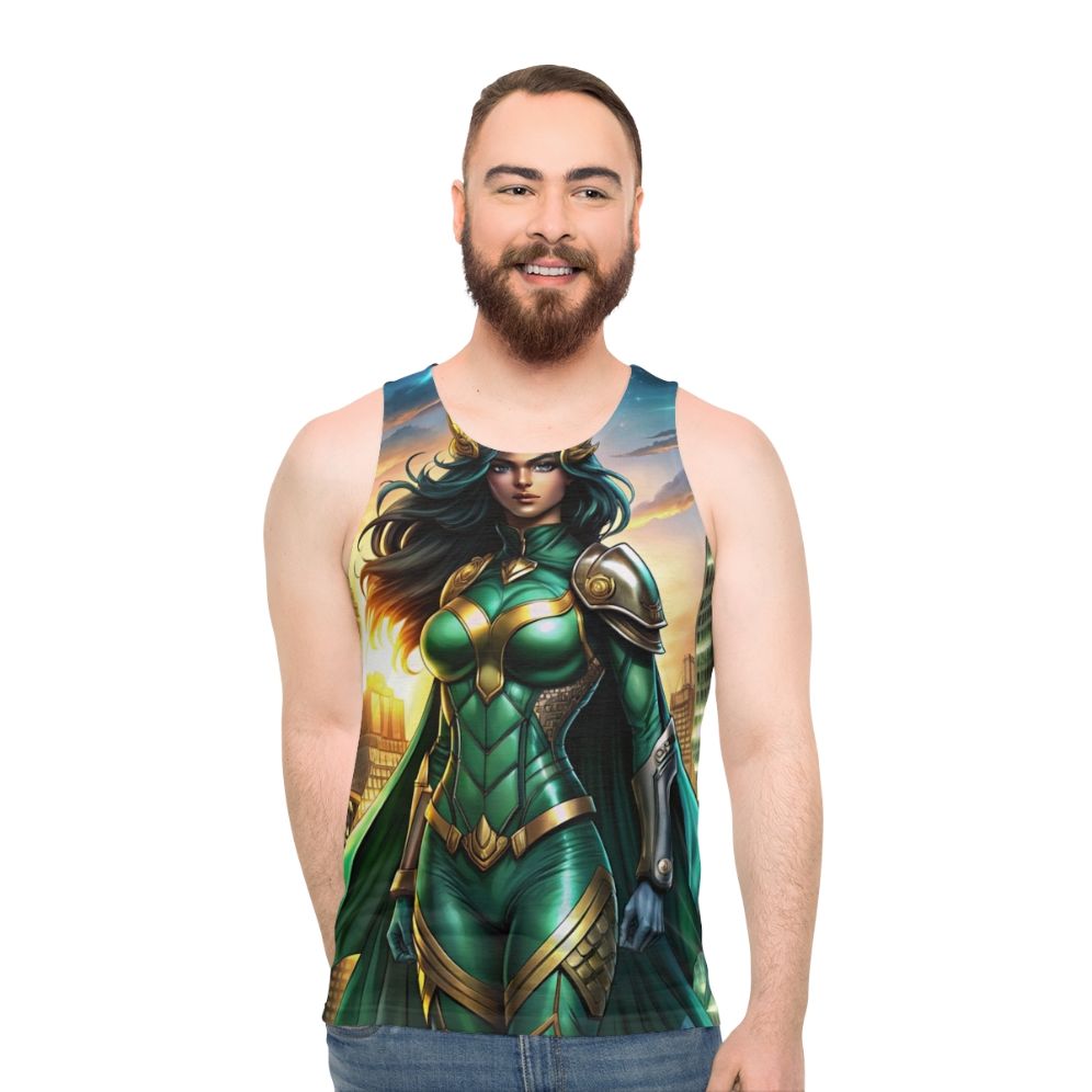 Empowering superhero woman tank top with urban skyline graphic