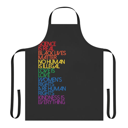 A black apron with the text "Science Is Real Black Lives Matter" printed on it.