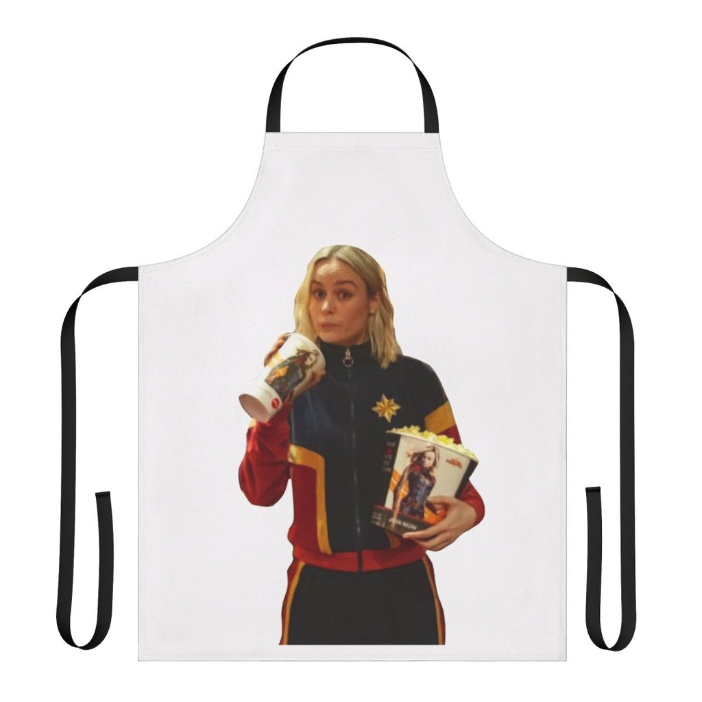 A vibrant apron featuring the iconic Captain Marvel logo and colors, designed to empower women in the kitchen and beyond.