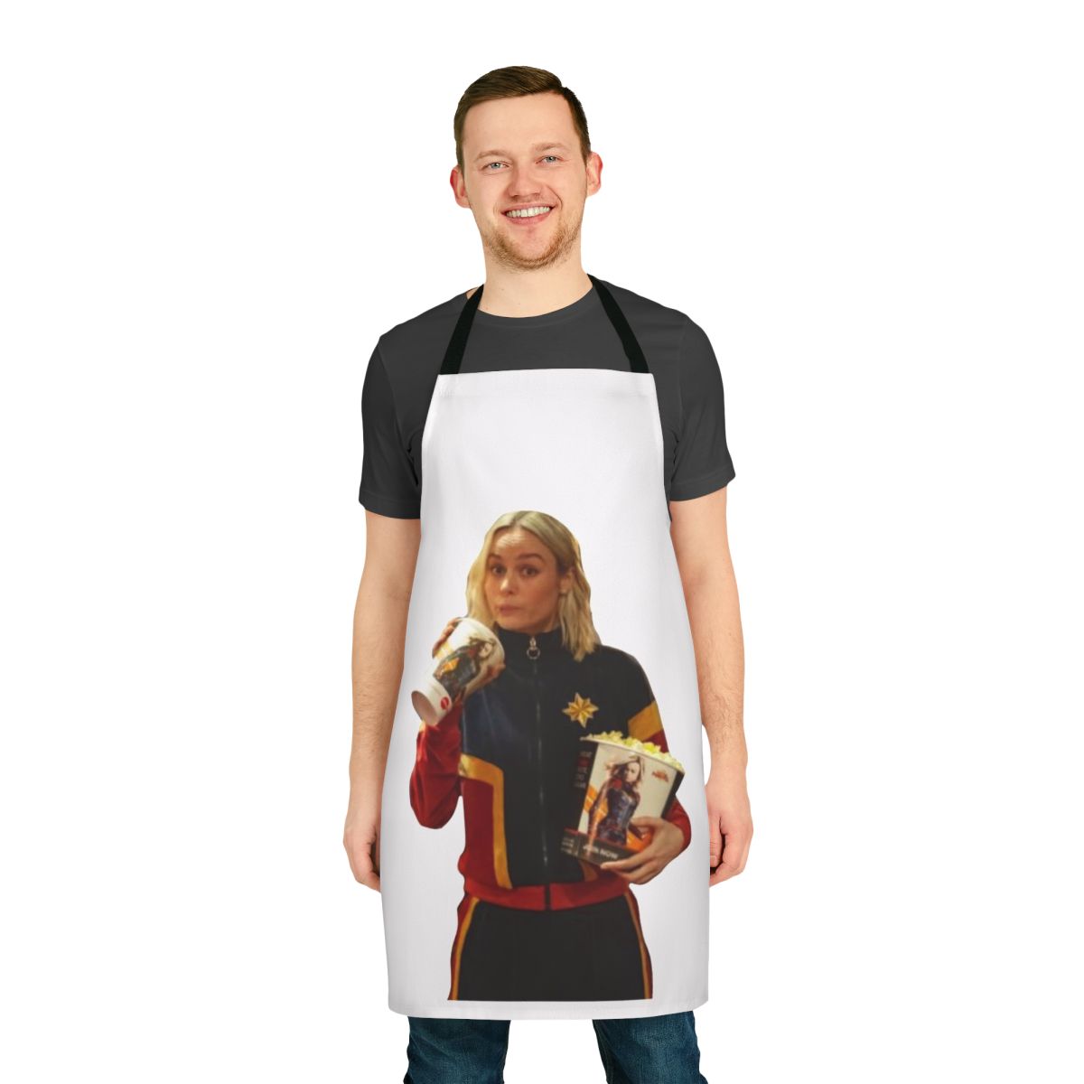 A vibrant apron featuring the iconic Captain Marvel logo and colors, designed to empower women in the kitchen and beyond.