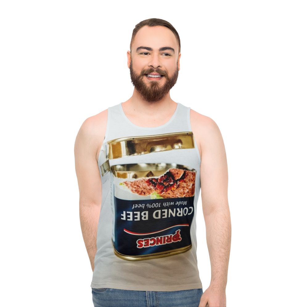 Empty tin of corned beef graphic unisex tank top