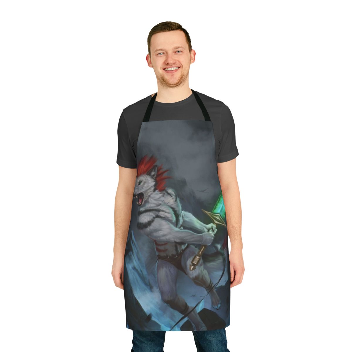Digital painting of an anthro wolf character in a fantasy-themed apron.