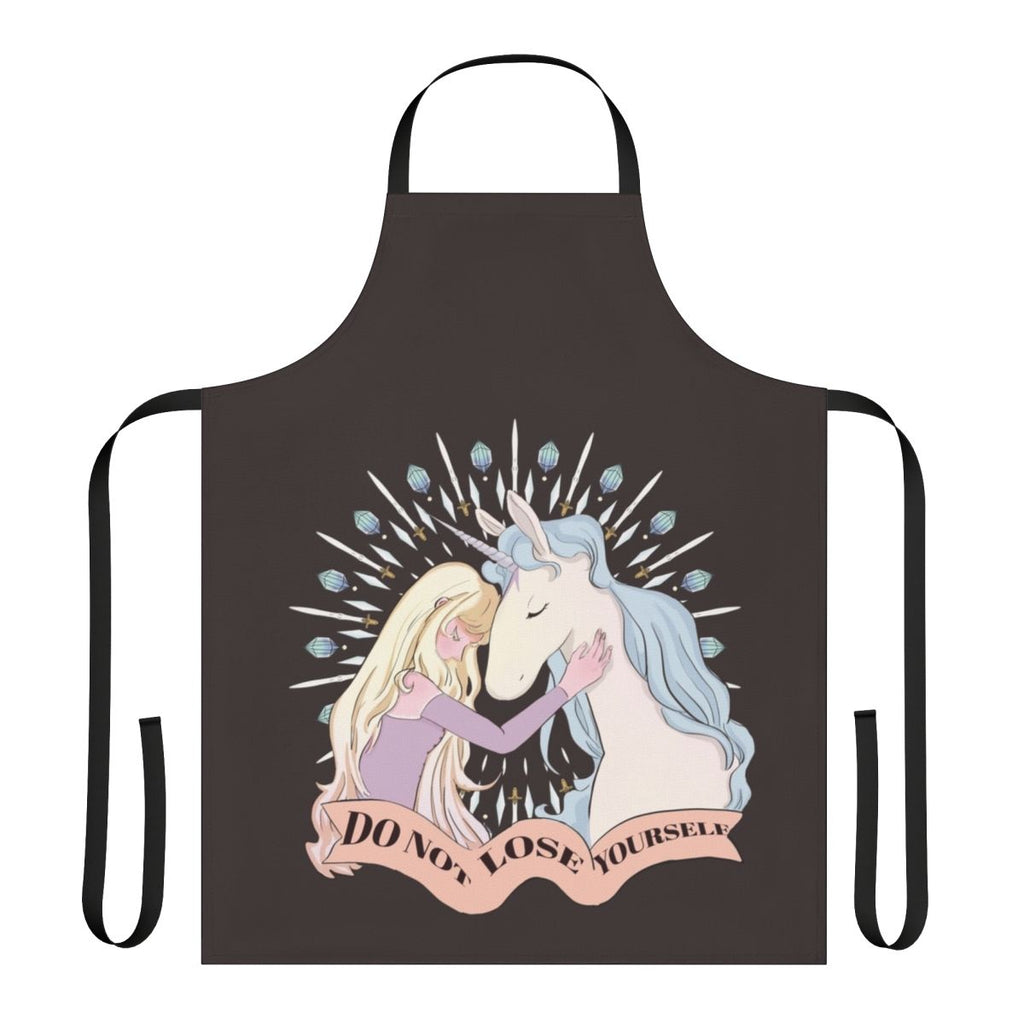 An apron featuring the character Lady Amalthea from the classic fantasy film The Last Unicorn.
