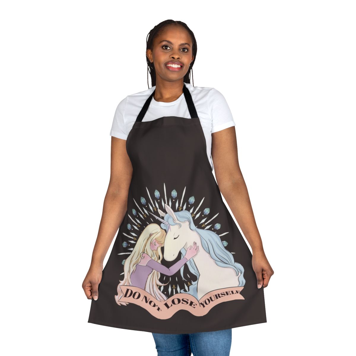 An apron featuring the character Lady Amalthea from the classic fantasy film The Last Unicorn.