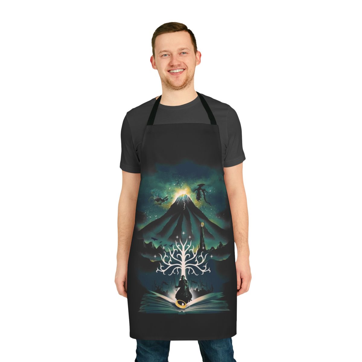 Artistic apron featuring a magical book cover design