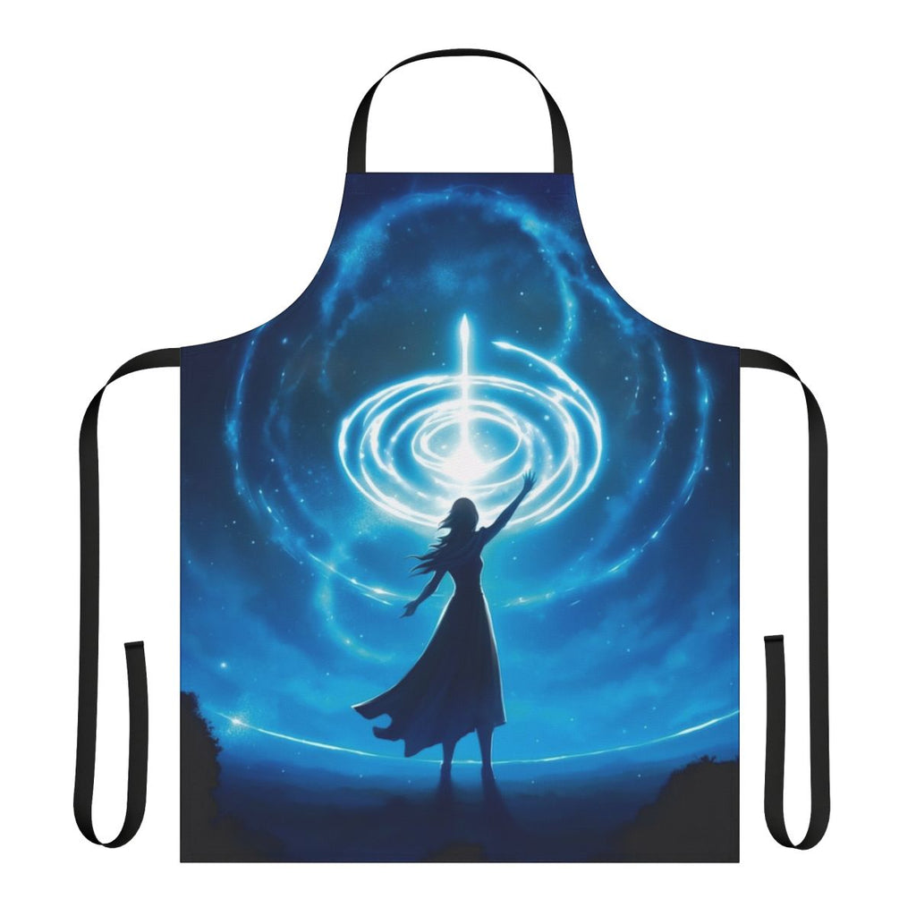 A beautiful apron featuring a starry night landscape and a silhouetted figure, creating a magical and enchanting design.