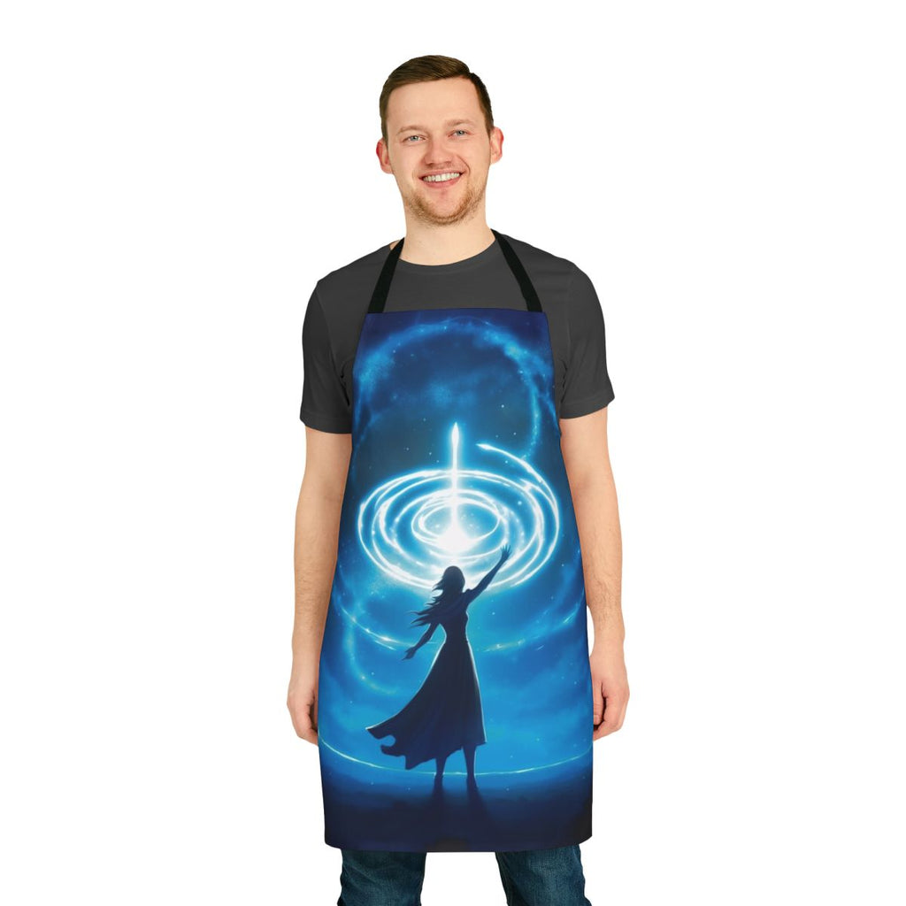 A beautiful apron featuring a starry night landscape and a silhouetted figure, creating a magical and enchanting design.