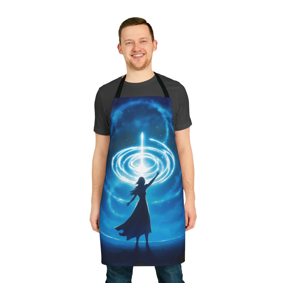 A beautiful apron featuring a starry night landscape and a silhouetted figure, creating a magical and enchanting design.