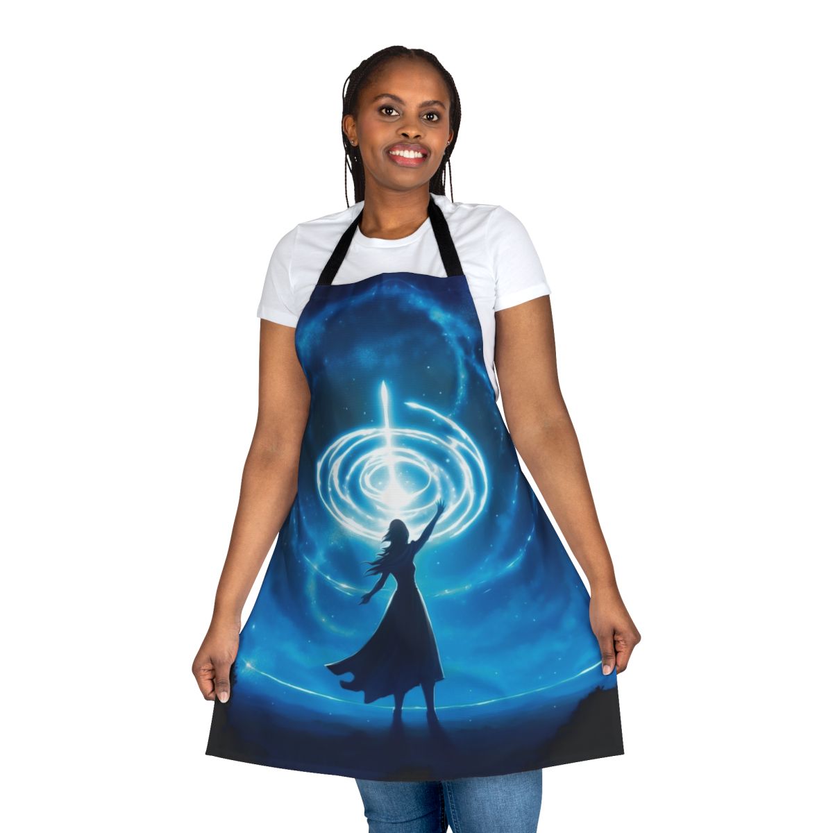 A beautiful apron featuring a starry night landscape and a silhouetted figure, creating a magical and enchanting design.